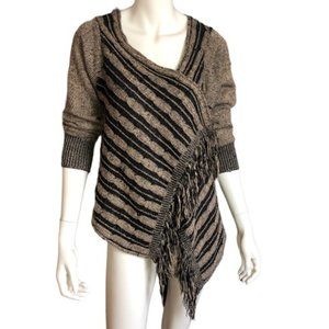 Jennifer Lauren cable knit shawl with sleeves and fringe